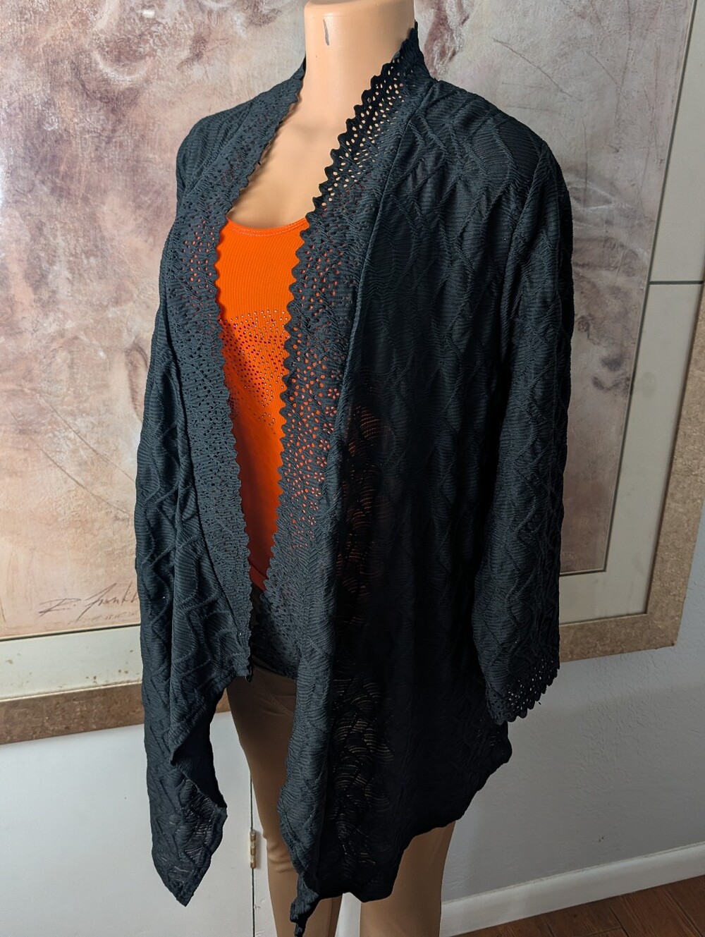 Chances R Black Open Front Waterfall Cardigan Eyelet Lace Trim Size L
